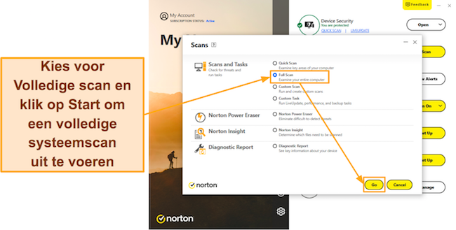 Schermafbeelding die laat zien hoe u de volledige scan van Norton start