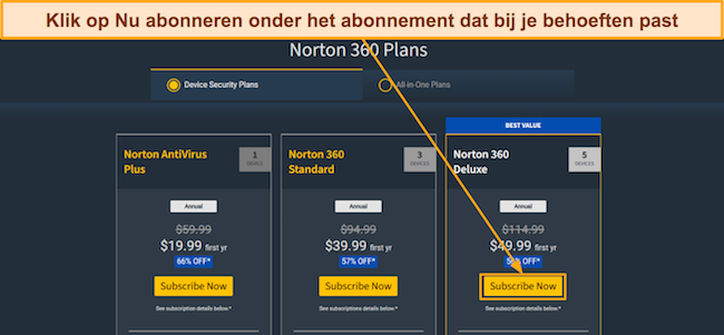 Screenshot van de prijsplannen van Norton