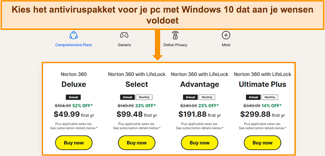 Screenshot van de prijspagina van Norton om verschillende abonnementsopties te vergelijken