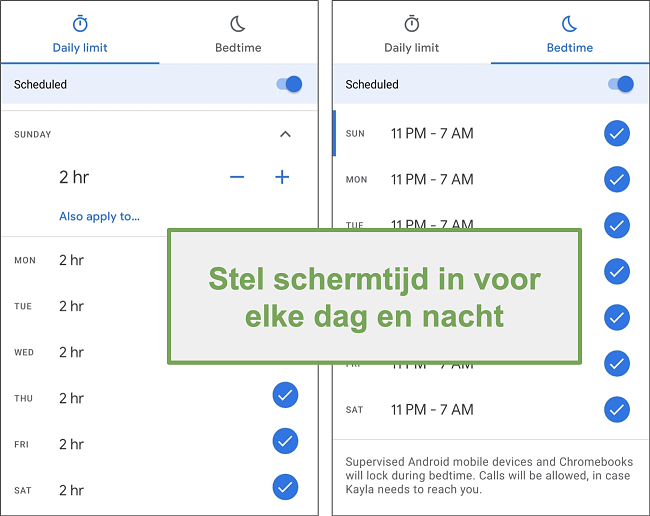 Screenshot van de schermtijdinstellingen van Google Family Link voor elke dag en nacht