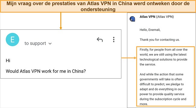 Screenshot van mijn interactie met de klantenondersteuning van Atlas VPN met betrekking tot China