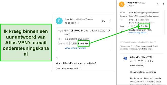  Screenshot van mijn e-mailuitwisseling met de klantenservice van Atlas VPN