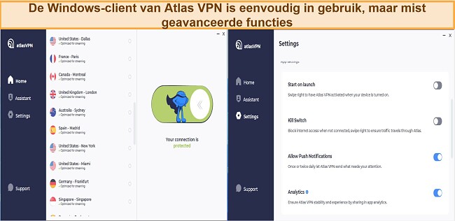 Screenshot van de gebruikersinterface van de Atlas VPN Windows-app