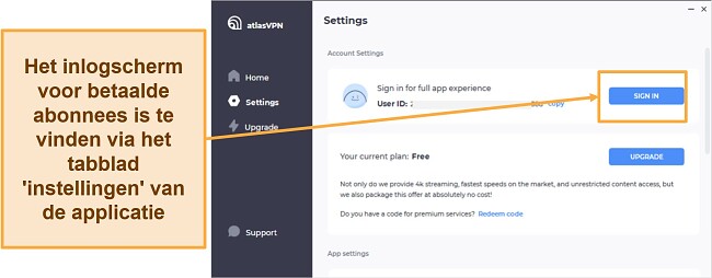 Een screenshot die laat zien hoe je inlogt met een premium Atlas VPN-account