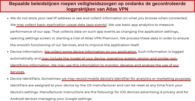 Screenshot van een fragment uit de privacyverklaring van Atlas VPN