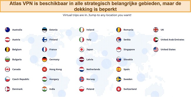 Screenshot van Atlas VPN-servers in verschillende landen