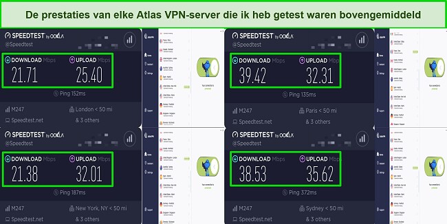 Screenshot van snelheidstestresultaten terwijl verbonden met Atlas VPN