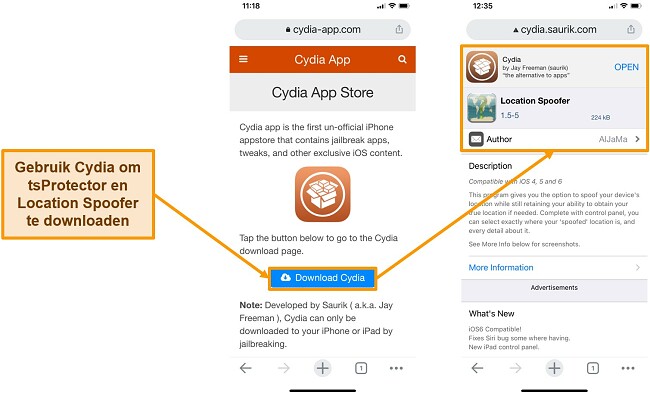 Screenshot van het downloaden van Cydia en Location Spoofer voor iPhone