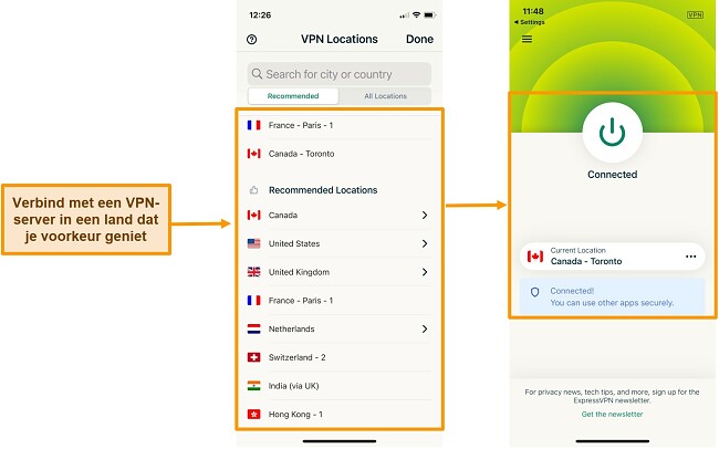 Screenshot van verbinding met Canada-server op ExpressVPN iOS-app