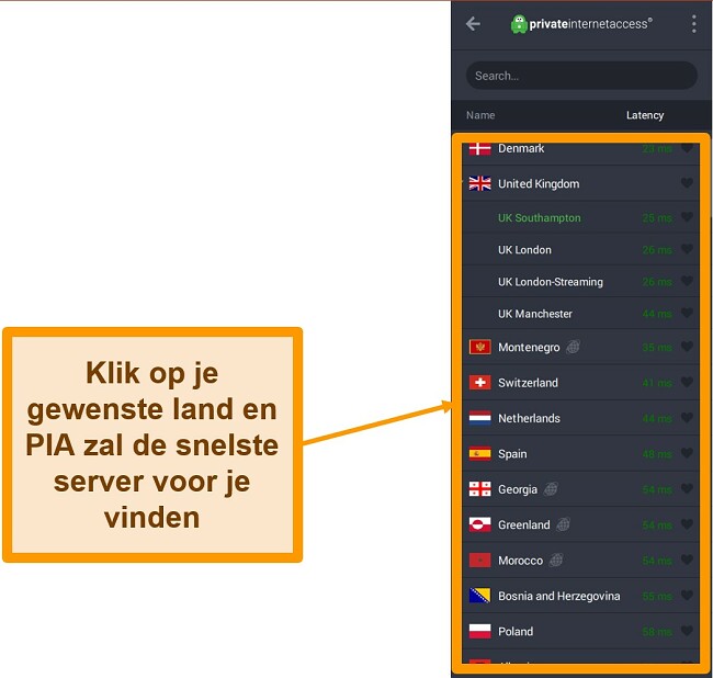 Screenshot van de serverlijst van PIA