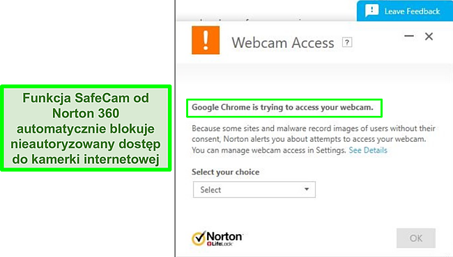 Zrzut ekranu przedstawiający program Norton blokujący próbę uzyskania dostępu do kamery internetowej przez przeglądarkę Google Chrome.