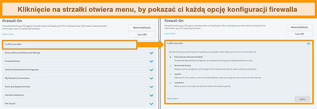 Zrzut ekranu z opcjami zapory sieciowej McAfee.