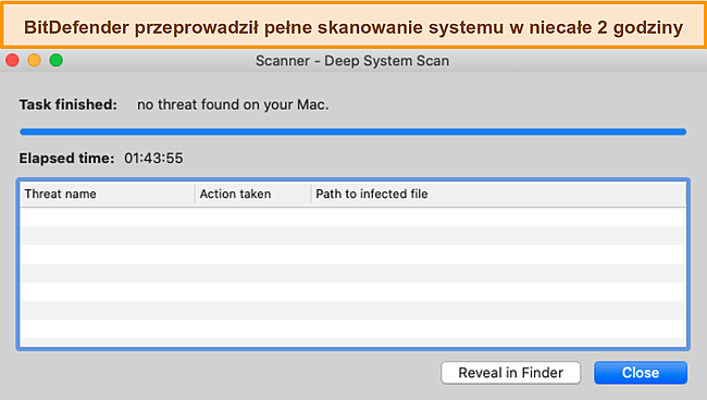 Zrzut ekranu przedstawiający Bitdefender wykonujący głębokie skanowanie systemu na komputerze Mac