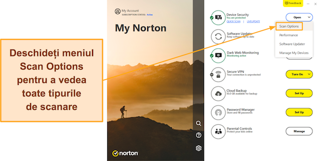 Zrzut ekranu pokazujący, jak uzyskać dostęp do menu opcji skanowania programu Norton