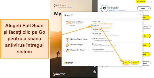Zrzut ekranu pokazujący, jak uruchomić pełne skanowanie programu Norton