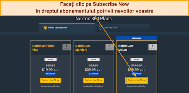 Zrzut ekranu planów cenowych Nortona