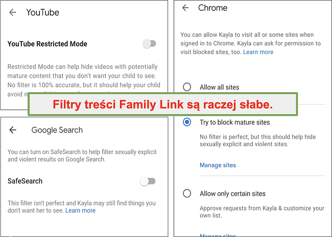 Zrzut ekranu dość słabych filtrów Google Family Link