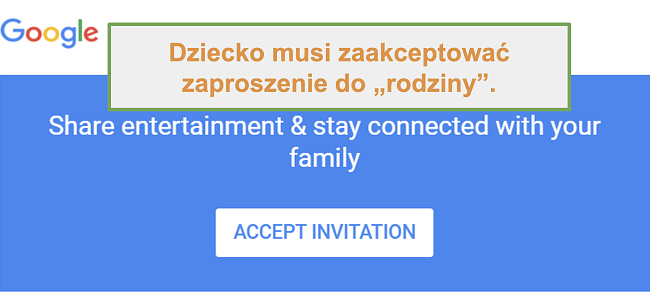 Zrzut ekranu z zaproszeniem Google Family Link do dołączenia
