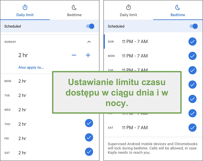 Zrzut ekranu z ustawieniami czasu ekranu Google Family Link dla każdego dnia i nocy