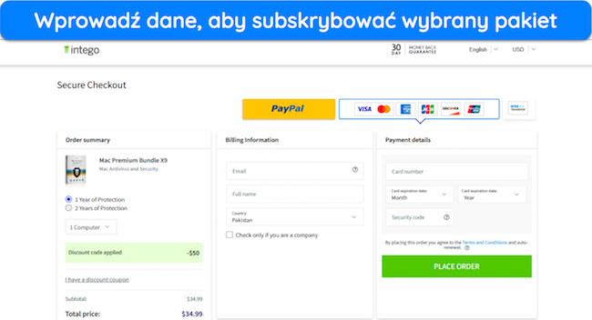 Zrzut ekranu pokazujący, jak subskrybować plan Intego