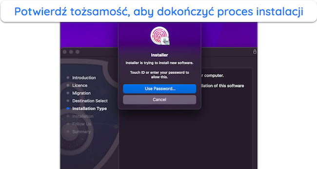 Zrzut ekranu pokazujący, jak uwierzytelnić się, aby zainstalować Intego na macOS