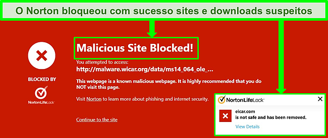 Captura de tela do Norton 360 bloqueando itens maliciosos