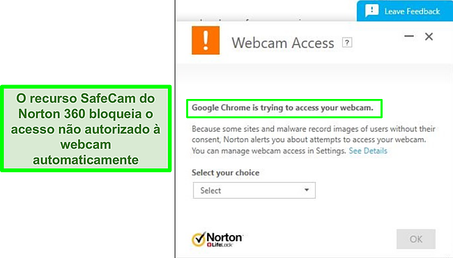 Captura de tela do Norton bloqueando a tentativa do Google Chrome de acessar a webcam.