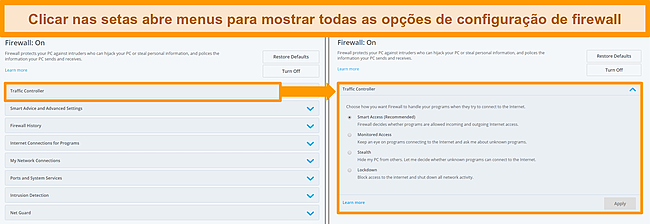 Captura de tela das opções de firewall da McAfee.