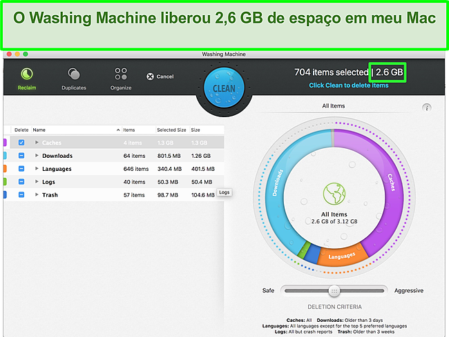 Captura de tela do recurso Máquina de lavar roupa da Intego que otimiza o Mac
