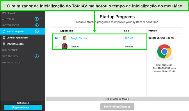 Captura de tela do otimizador de inicialização TotalAV em execução no Mac