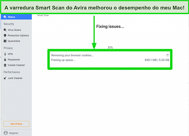 Captura de tela da verificação inteligente da Avira removendo cookies de navegação no Mac