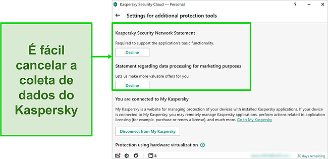 Captura de tela das configurações de coleta de dados do Kaspersky