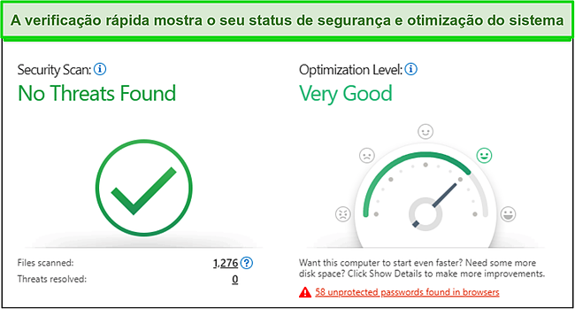 Captura de tela da verificação rápida da Trend Micro mostrando informações de segurança e otimização do sistema