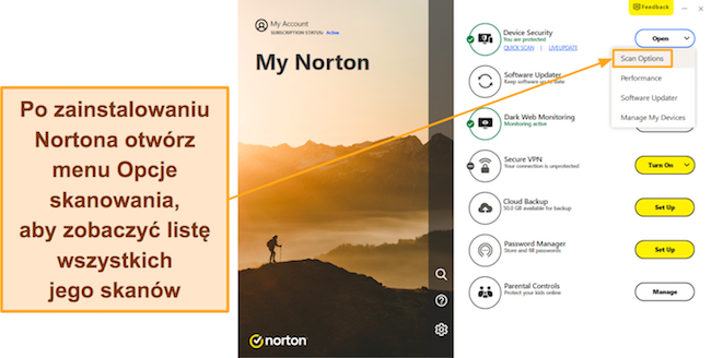 Captura de tela mostrando como acessar o Menu de opções de verificação do Norton