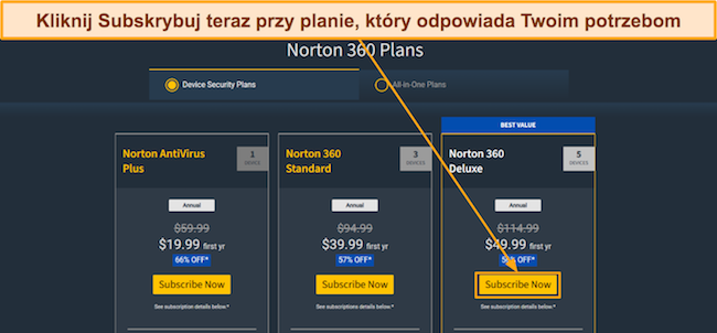 Captura de tela dos planos de preços do Norton