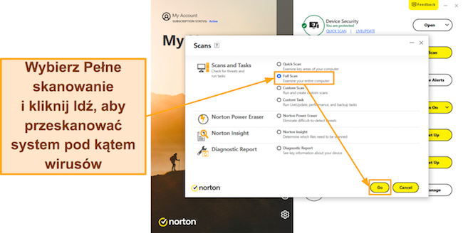 Captura de tela mostrando como iniciar a verificação completa do Norton