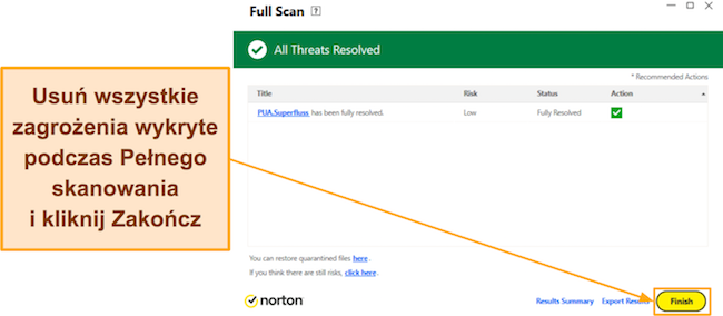 Captura de tela mostrando como concluir a verificação completa do Norton