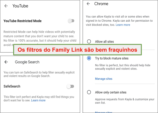 Captura de tela dos filtros muito fracos do Google Family Link
