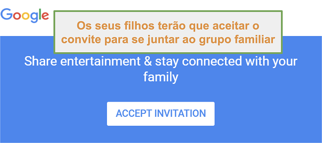 Captura de tela do convite do Google Family Link para participar