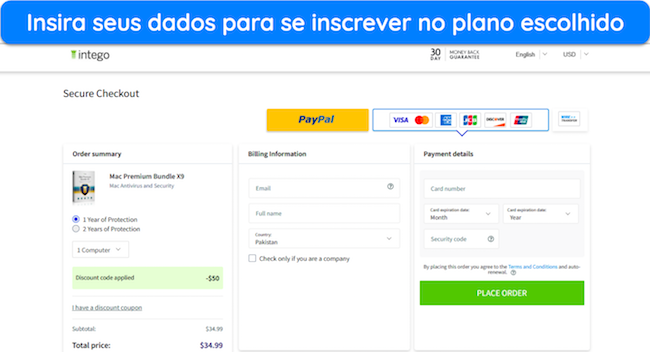 Captura de tela mostrando como assinar um plano Intego