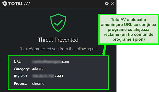 Captură de ecran care arată TotalAV blocând un adware URL care găzduiește adware.