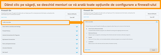 Captură de ecran a opțiunilor firewall-ului McAfee.