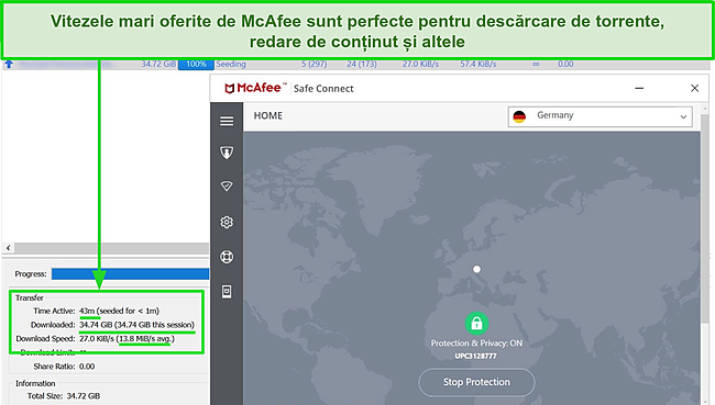 Captură de ecran a McAfee Safe Connect VPN conectându-se la un server