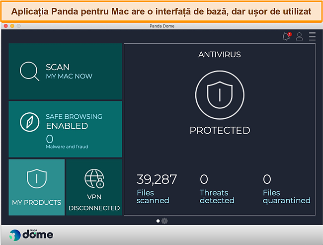 Captură de ecran a tabloului de bord al aplicației Mac Panda