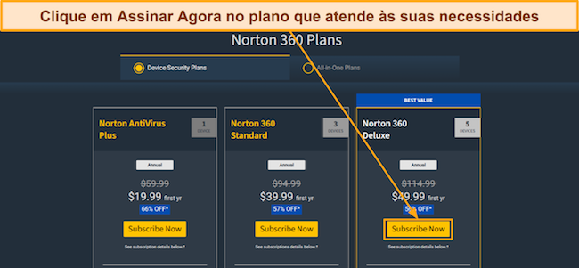 Captură de ecran a planurilor de prețuri Norton