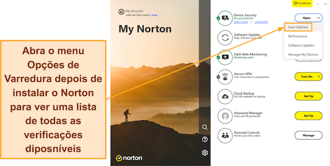Captură de ecran care arată cum să accesați meniul Opțiuni de scanare de la Norton