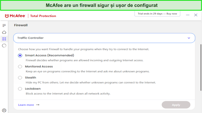 Captură de ecran de personalizare a paravanului de protecție antivirus McAfee