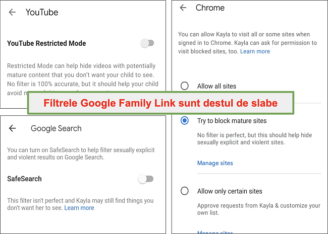 Captură de ecran a filtrelor destul de slabe ale Google Family Link