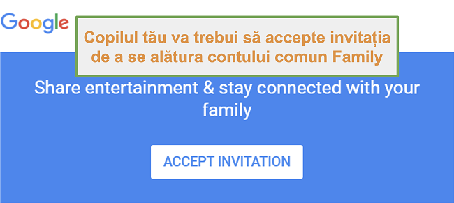 Captură de ecran a invitației Google Family Link la aderare