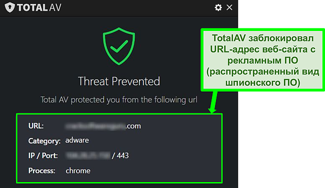 Снимок экрана, показывающий, что TotalAV блокирует вредоносный URL-адрес, на котором размещается рекламное ПО.